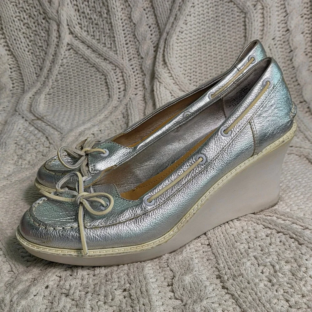 Sperry Top-Sider Wedge Pumps Boat Shoes Silver Metallic Leather Women 9.5